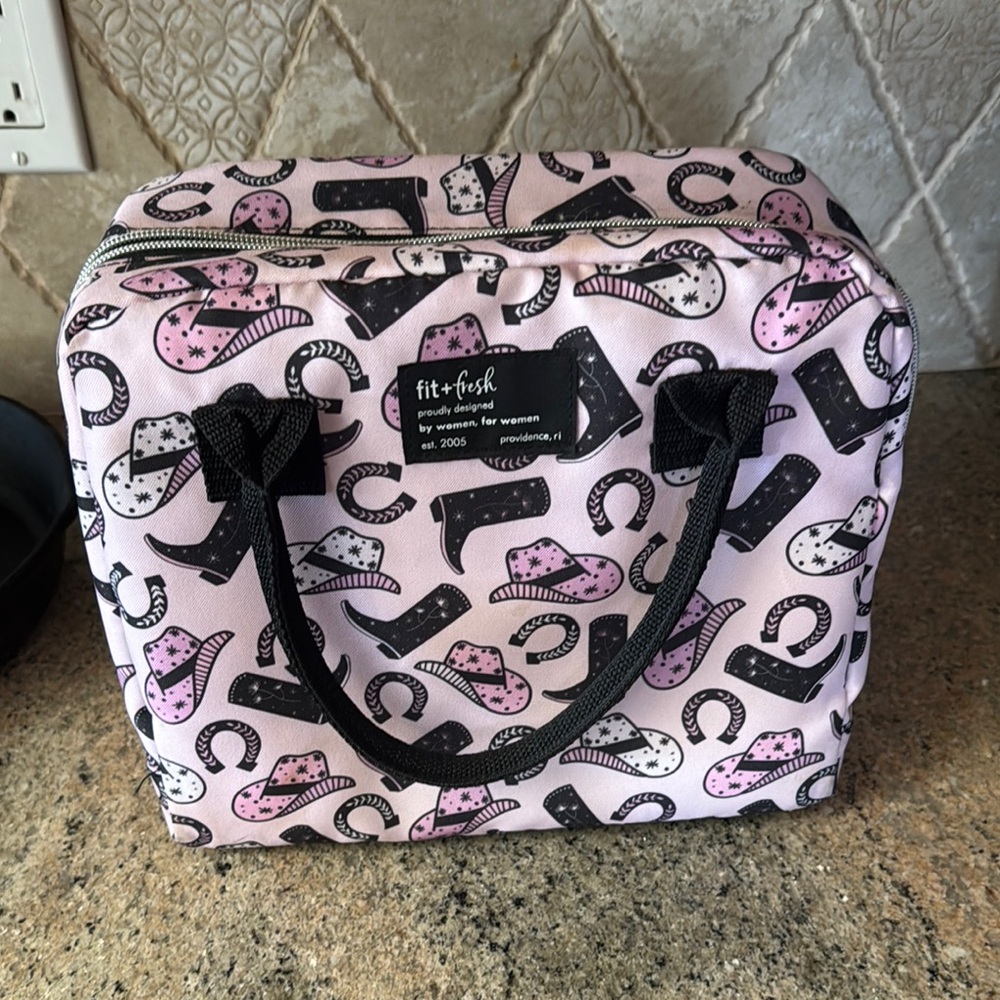 Fit + Fresh ~ Pink and Black Shoe Print Tote lunch Bag